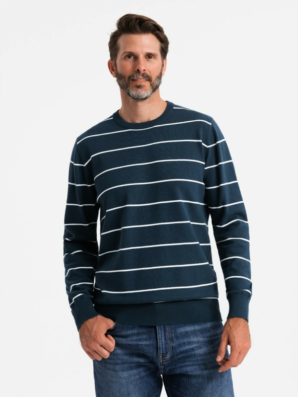 Ombre Clothing Pánsky ležérny sveter s vodorovnými pruhmi tmavomodrý Ombre Oblečenie