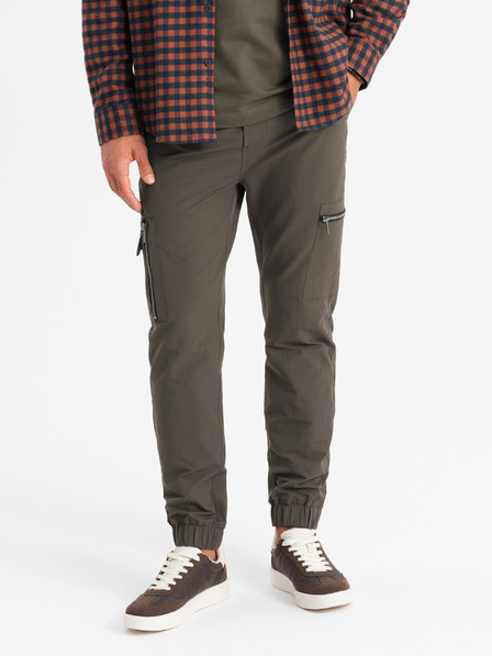 Ombre Clothing Pánske bežecké nohavice s vreckami a potlačou tmavo olivovo zelená Oblečenie Ombre