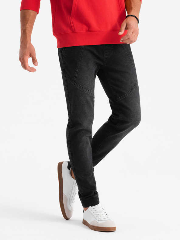 Ombre Clothing Pánske džínsové tepláky s asymetrickým prešívaním čierne Ombre Oblečenie