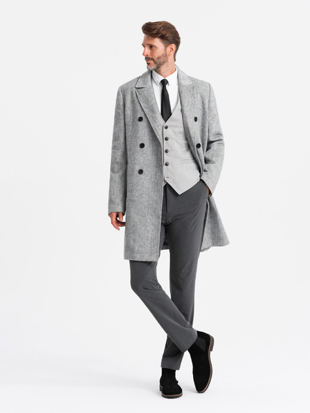 Ombre Clothing Elegantný pánsky dvojradový kabát v tvare rybej kosti sivý Ombre Clothing