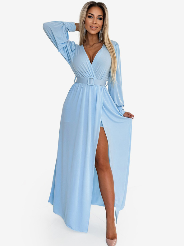 numoco FIORELLA Dlhé šaty so širokým pásom a výstrihom - svetlomodré Numoco