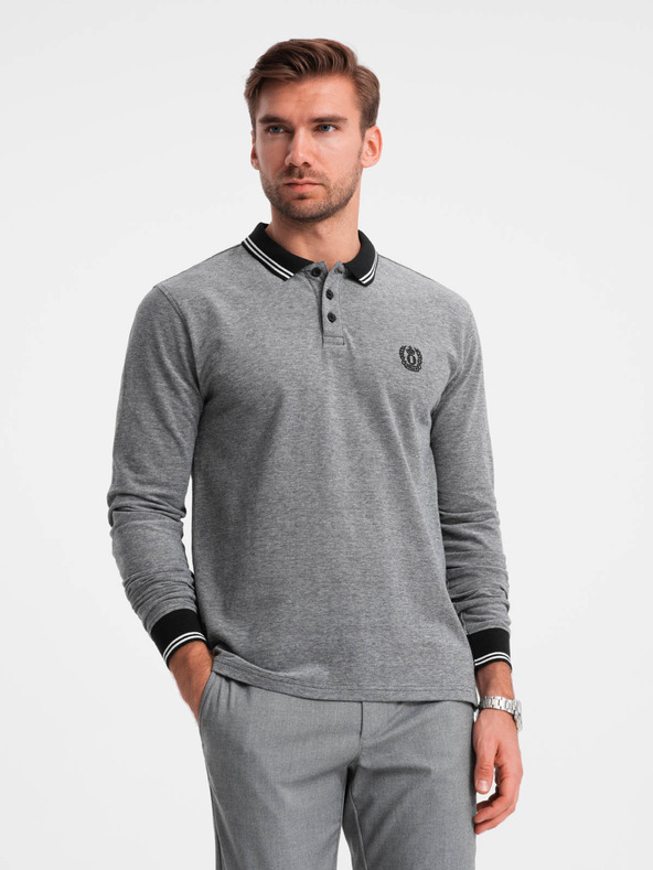 Ombre Clothing Pánske vyšívané polo tričko s dlhým rukávom Ombre Clothing