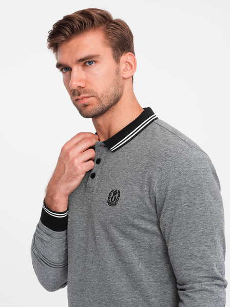 Ombre Clothing Pánske vyšívané polo tričko s dlhým rukávom Ombre Clothing