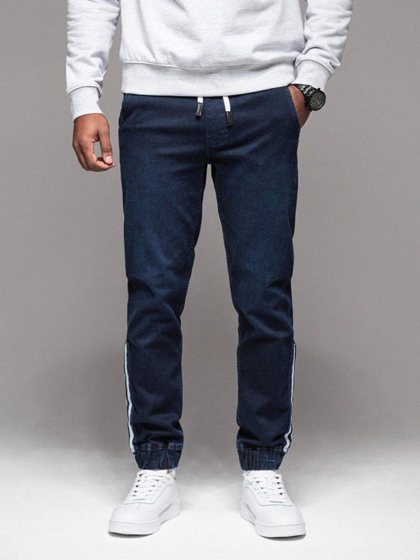 Ombre Clothing Pánske džínsové tepláky s lemovaním - tmavomodré V4 OM-PADJ-0156 Ombre Clothing