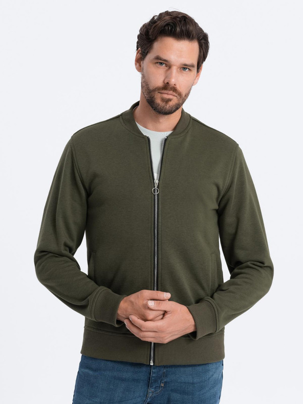 Ombre Clothing Pánska bavlnená bomber mikina na zips khaki Oblečenie Ombre