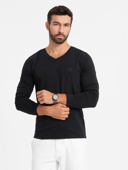 Ombre Clothing Pánske tričko SLIM FIT s výstrihom do V s elastanom a potlačou čierna Ombre Clothing
