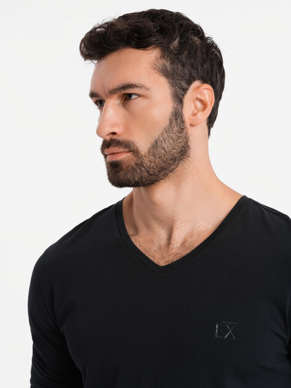 Ombre Clothing Pánske tričko SLIM FIT s výstrihom do V s elastanom a potlačou čierna Ombre Clothing