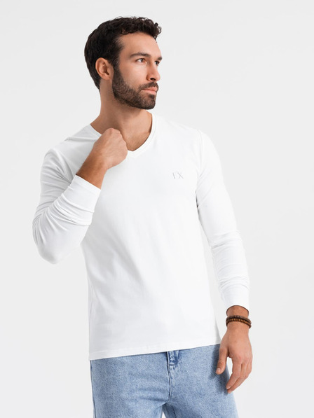 Ombre Clothing Pánske tričko SLIM FIT s dlhým rukávom a výstrihom do V s elastanom a potlačou biele Ombre Clothing