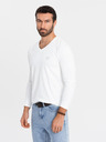 Ombre Clothing Pánske tričko SLIM FIT s dlhým rukávom a výstrihom do V s elastanom a potlačou biele Ombre Clothing