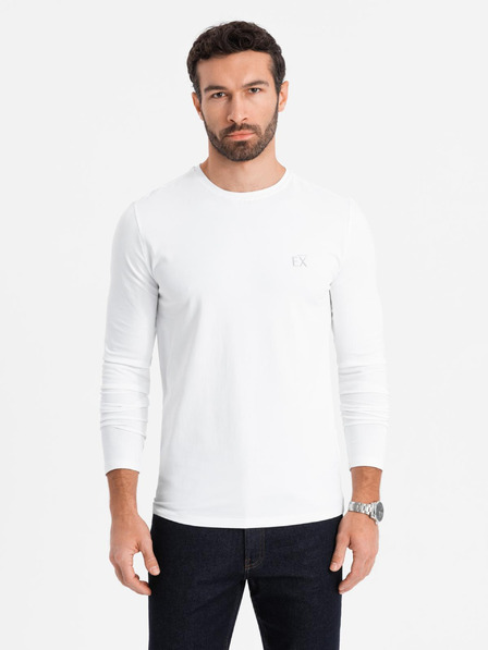 Ombre Clothing Pánske tričko SLIM FIT s dlhým rukávom, elastanom a potlačou biele Ombre Oblečenie