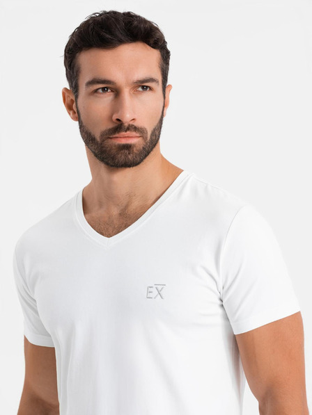 Ombre Clothing Pánske tričko SLIM FIT s výstrihom do V s elastanom a potlačou biele Ombre Oblečenie