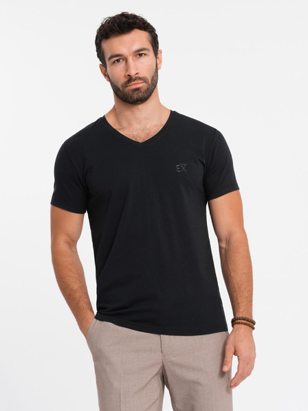 Ombre Clothing Pánske tričko SLIM FIT s výstrihom do V s elastanom a potlačou čierna Ombre Oblečenie