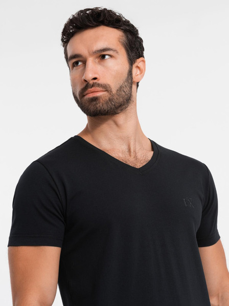 Ombre Clothing Pánske tričko SLIM FIT s výstrihom do V s elastanom a potlačou čierna Ombre Oblečenie