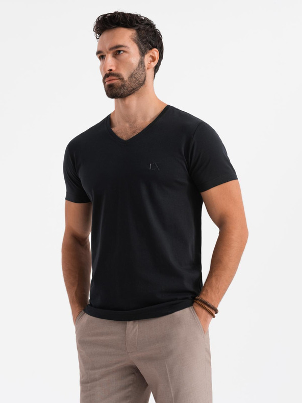 Ombre Clothing Pánske tričko SLIM FIT s výstrihom do V s elastanom a potlačou čierna Ombre Oblečenie