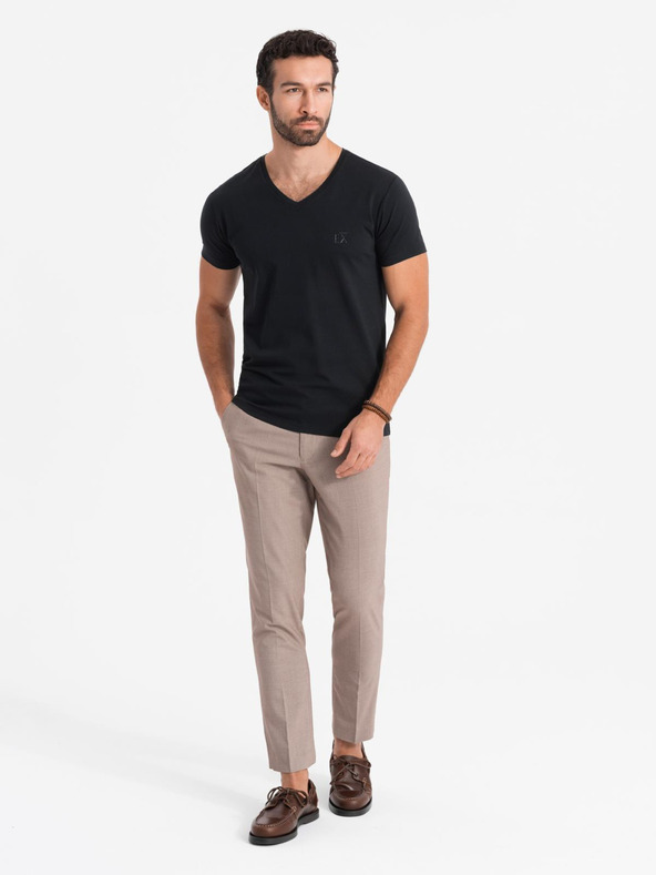 Ombre Clothing Pánske tričko SLIM FIT s výstrihom do V s elastanom a potlačou čierna Ombre Oblečenie
