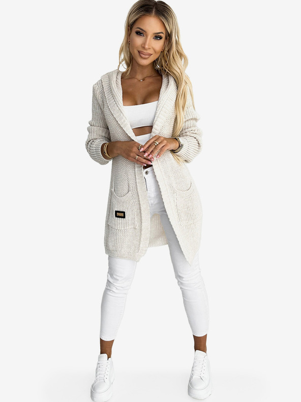 numoco Krémový dámsky sveter s kapucňou, vreckami a aplikáciou Numoco