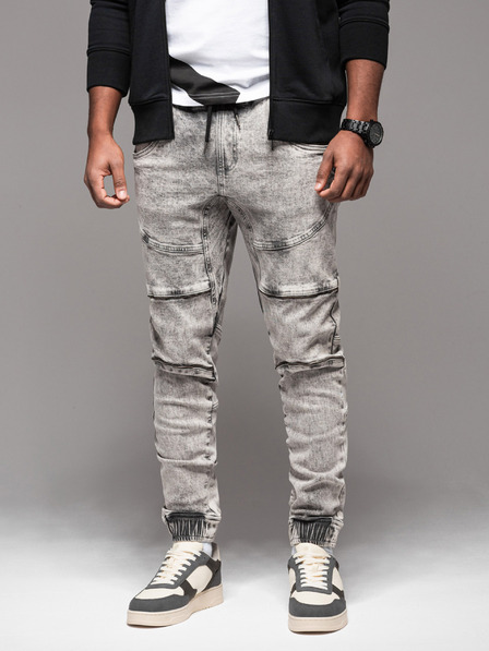Ombre Clothing Pánske nohavice JOGGERY s cargo vreckami na zips sivé Ombre Oblečenie