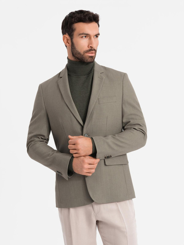 Ombre Clothing Elegantné pánske sako z vlnenej zmesi Khaki Ombre Oblečenie
