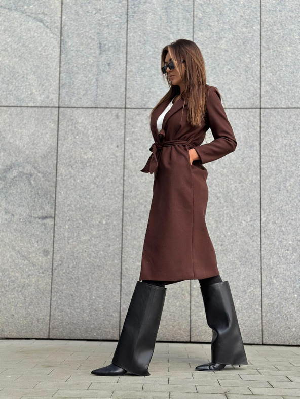 Edoti Hnedý dámsky kabát s opaskom Edoti