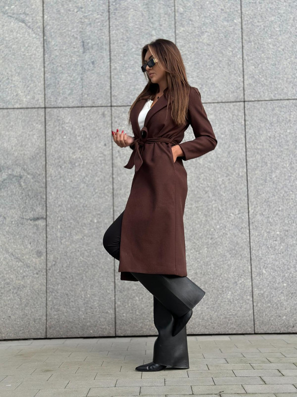 Edoti Hnedý dámsky kabát s opaskom Edoti