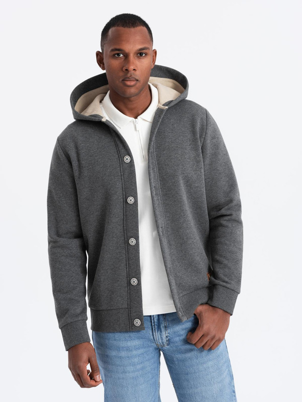 Ombre Clothing Pánska mikina s kapucňou na gombíky - grafitový melír V4 OM-SSZP-0186 Ombre Clothing