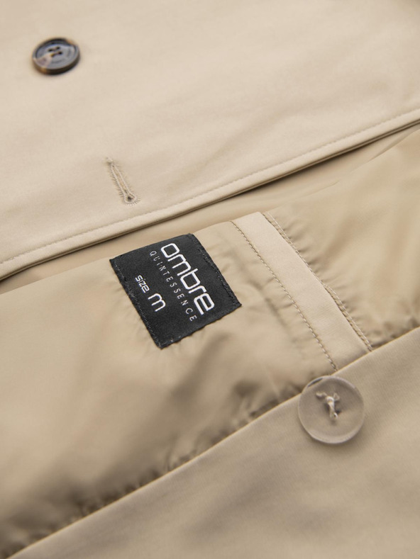 Ombre Clothing Elegantný pánsky kabát SLIM FIT s opaskom béžová Ombre Oblečenie