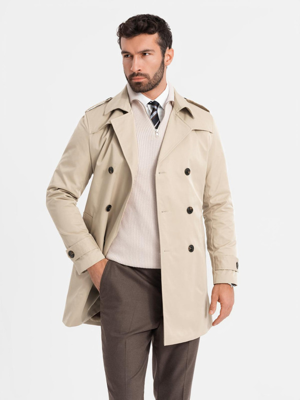 Ombre Clothing Elegantný pánsky kabát SLIM FIT s opaskom béžová Ombre Oblečenie