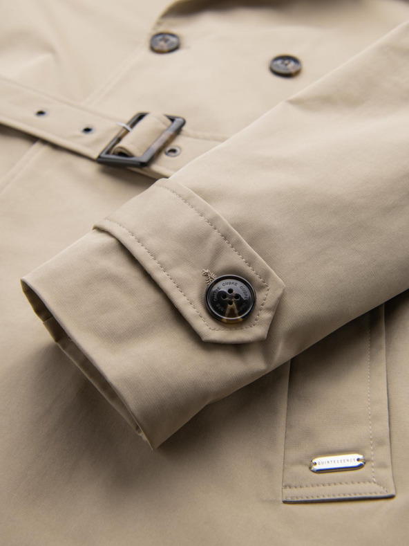 Ombre Clothing Elegantný pánsky kabát SLIM FIT s opaskom béžová Ombre Oblečenie