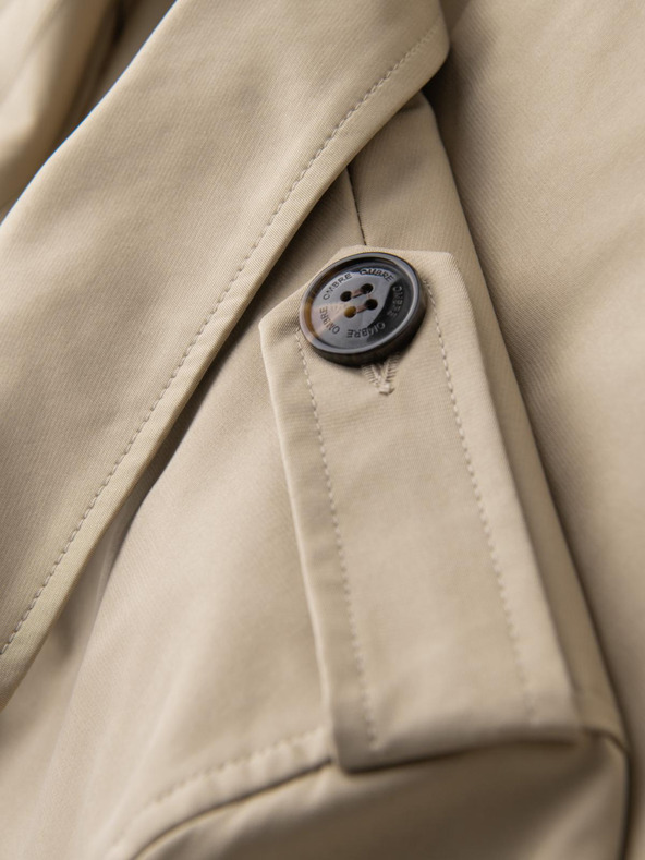 Ombre Clothing Elegantný pánsky kabát SLIM FIT s opaskom béžová Ombre Oblečenie