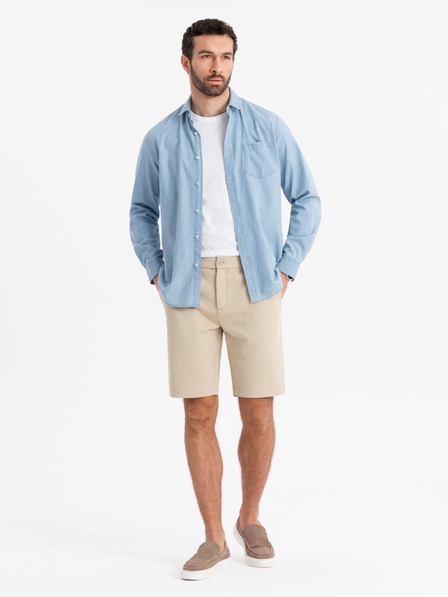 Ombre Clothing Pánske krátke šortky SLIM FIT v štruktúrovanom melanžovom úplete béžová Oblečenie Ombre