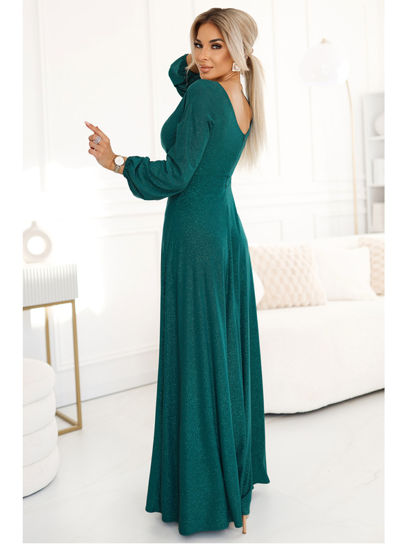 numoco Lesklé dlhé šaty s výstrihom, dlhými rukávmi a rozparkom na nohách Numoco