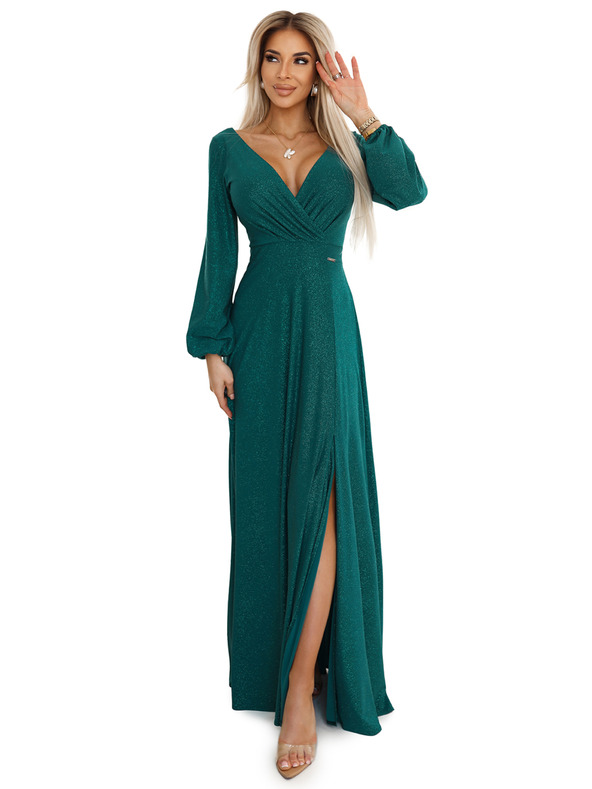 numoco Lesklé dlhé šaty s výstrihom, dlhými rukávmi a rozparkom na nohách Numoco