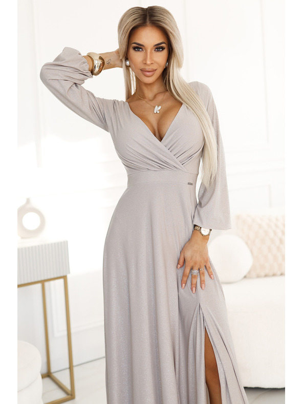 numoco NELA lesklé dlhé šaty s posádkovým výstrihom, dlhými rukávmi a rozparkom na nohách Numoco