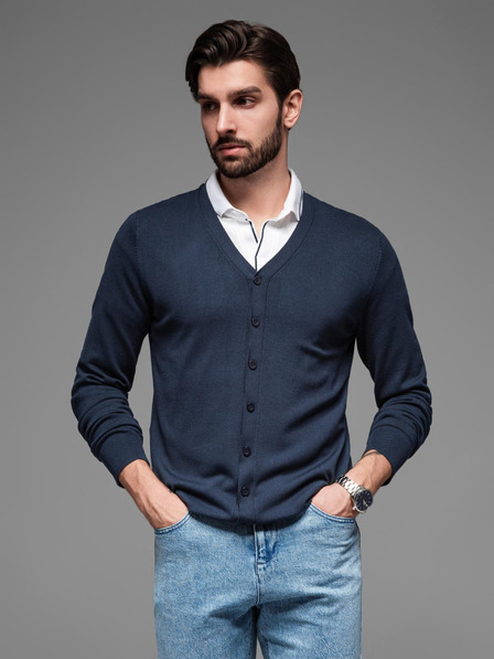 Ombre Clothing Pánsky pletený sveter so štruktúrovanými bodkami - tmavomodrý Oblečenie Ombre