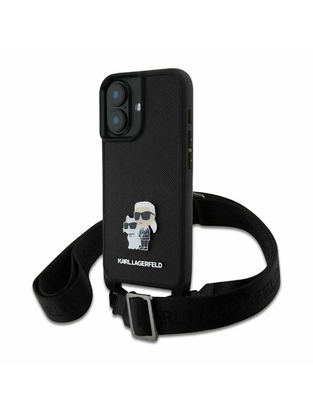 Karl Lagerfeld Karl Lagerfeld Saffiano Crossbody Popruh Kov Karl and Choupette Zadný kryt pre iPhone 16 Čierny