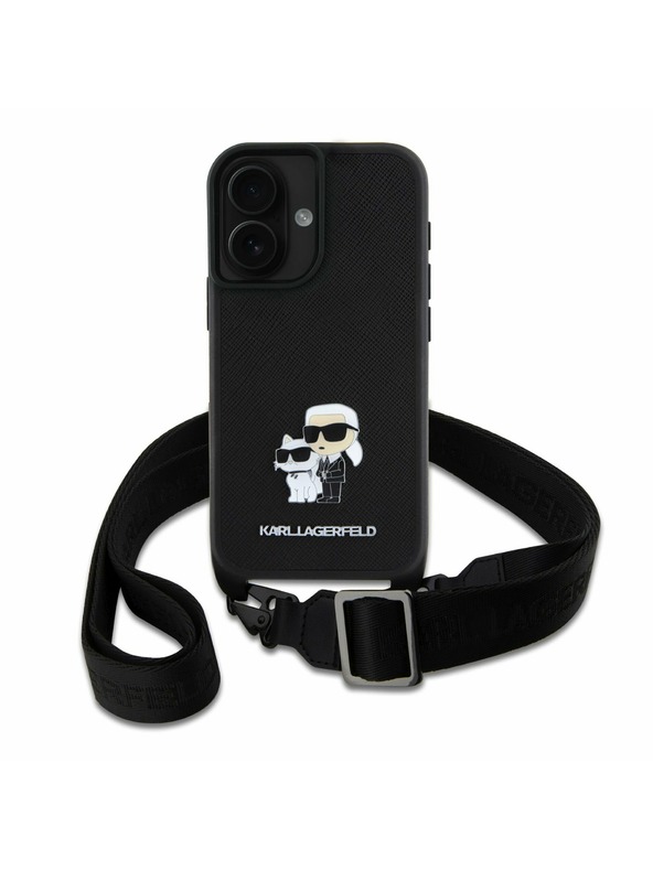 Karl Lagerfeld Karl Lagerfeld Saffiano Crossbody Popruh Kov Karl and Choupette Zadný kryt pre iPhone 16 Čierny