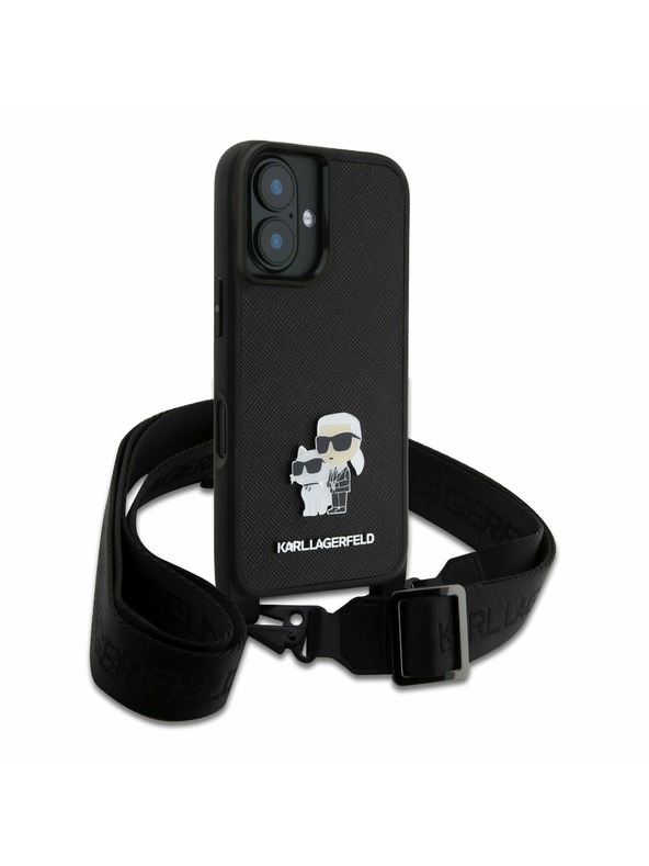 Karl Lagerfeld Karl Lagerfeld Saffiano Crossbody Popruh Kov Karl and Choupette Zadný kryt pre iPhone 16 Čierny