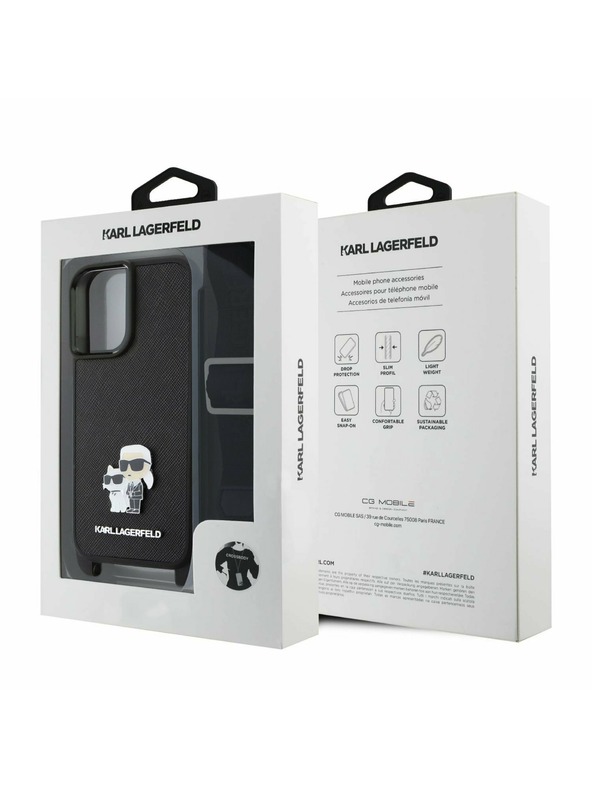 Karl Lagerfeld Karl Lagerfeld Saffiano Crossbody Popruh Kov Karl and Choupette Zadný kryt pre iPhone 16 Čierny