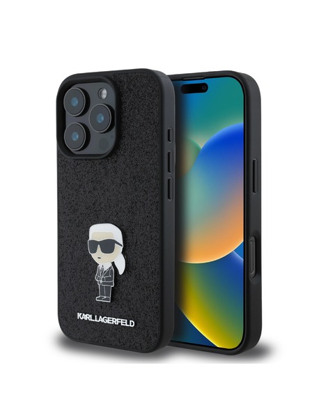 Karl Lagerfeld Karl Lagerfeld Fixovaný Trblietavý Kovový Ikonik Zadný Kryt pre iPhone 16 Pro Black