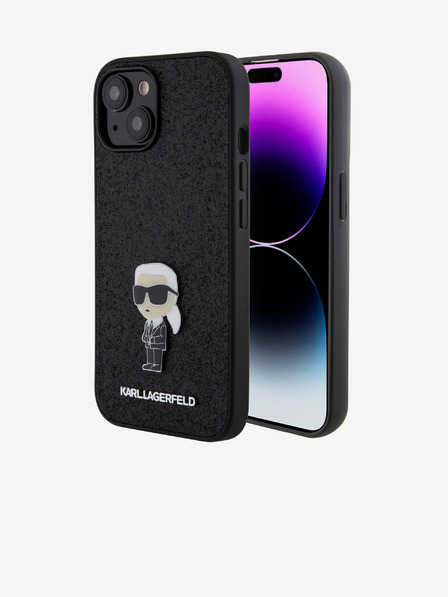 Karl Lagerfeld Karl Lagerfeld Fixný trblietavý kovový Ikonik Zadný kryt pre iPhone 15 Čierny