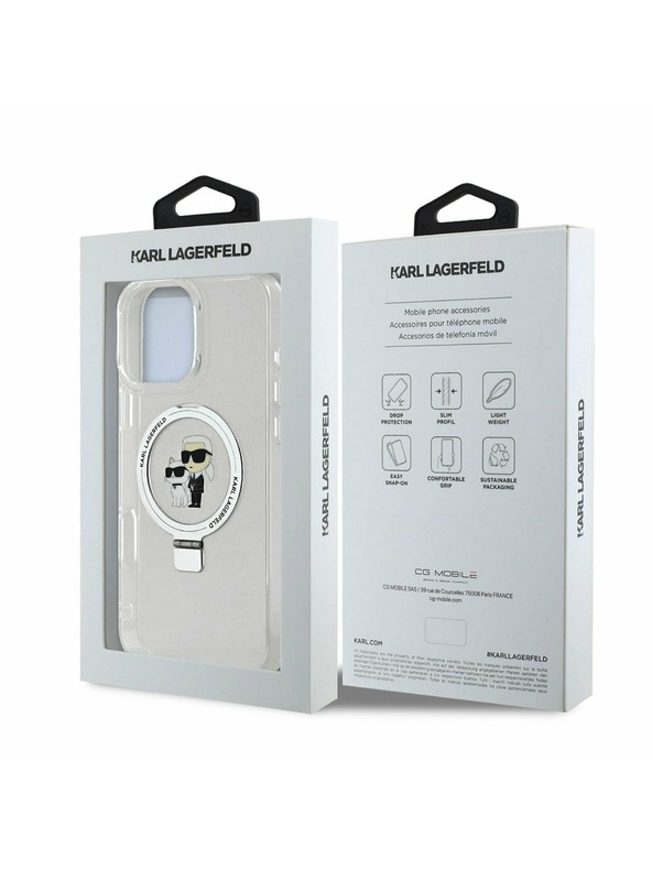 Karl Lagerfeld Karl Lagerfeld Ringstand Karl a Choupette MagSafe Zadný kryt pre iPhone 16 Pro Biely