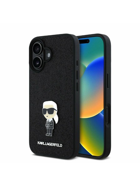 Karl Lagerfeld Karl Lagerfeld Fixný Trblietavý Kovový Ikonický Zadný kryt pre iPhone 16 Čierny