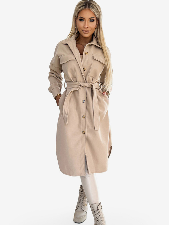 numoco Béžový dámsky teplý kabát s vreckami, gombíkmi a zaväzovaním v páse Numoco