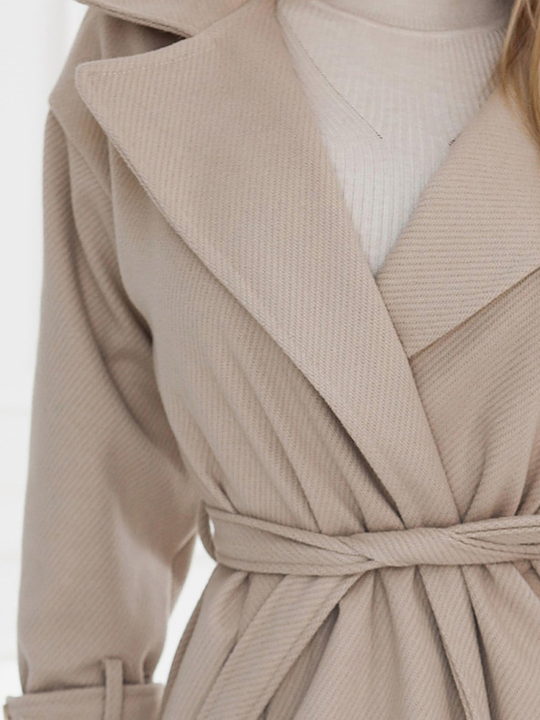 numoco Béžový dámsky teplý kabát s vreckami a zaväzovaním v páse Numoco