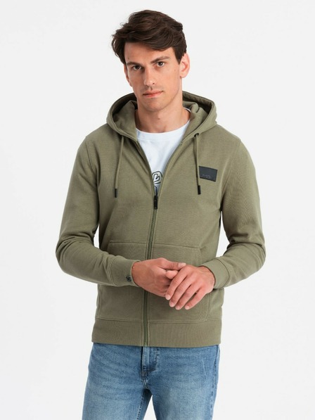 Ombre Clothing Pánska mikina s kapucňou a nášivkou - olivová V4 OM-SSZP-0140 Ombre Clothing