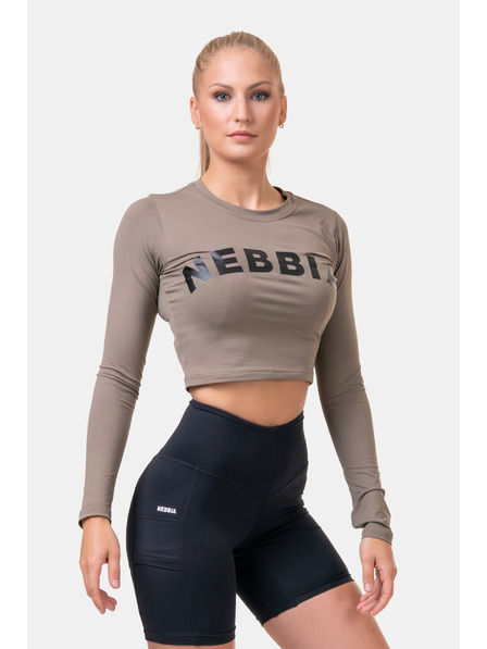 Nebbia Športový crop top HERO s dlhými rukávmi 585 Mocha Nebbia