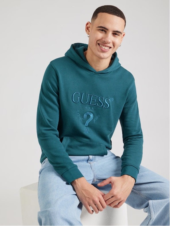 Guess Jeans Pánska petrolejová mikina s vyšitým logom a kapucňou Guess jeans