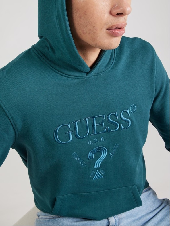 Guess Jeans Pánska petrolejová mikina s vyšitým logom a kapucňou Guess jeans