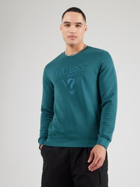 Guess Jeans Pánska petrolejová mikina s vyšitým logom Guess jeans