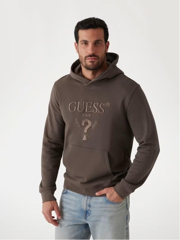 Guess Jeans Pánska hnedá mikina s vyšitým logom a kapucňou Guess jeans